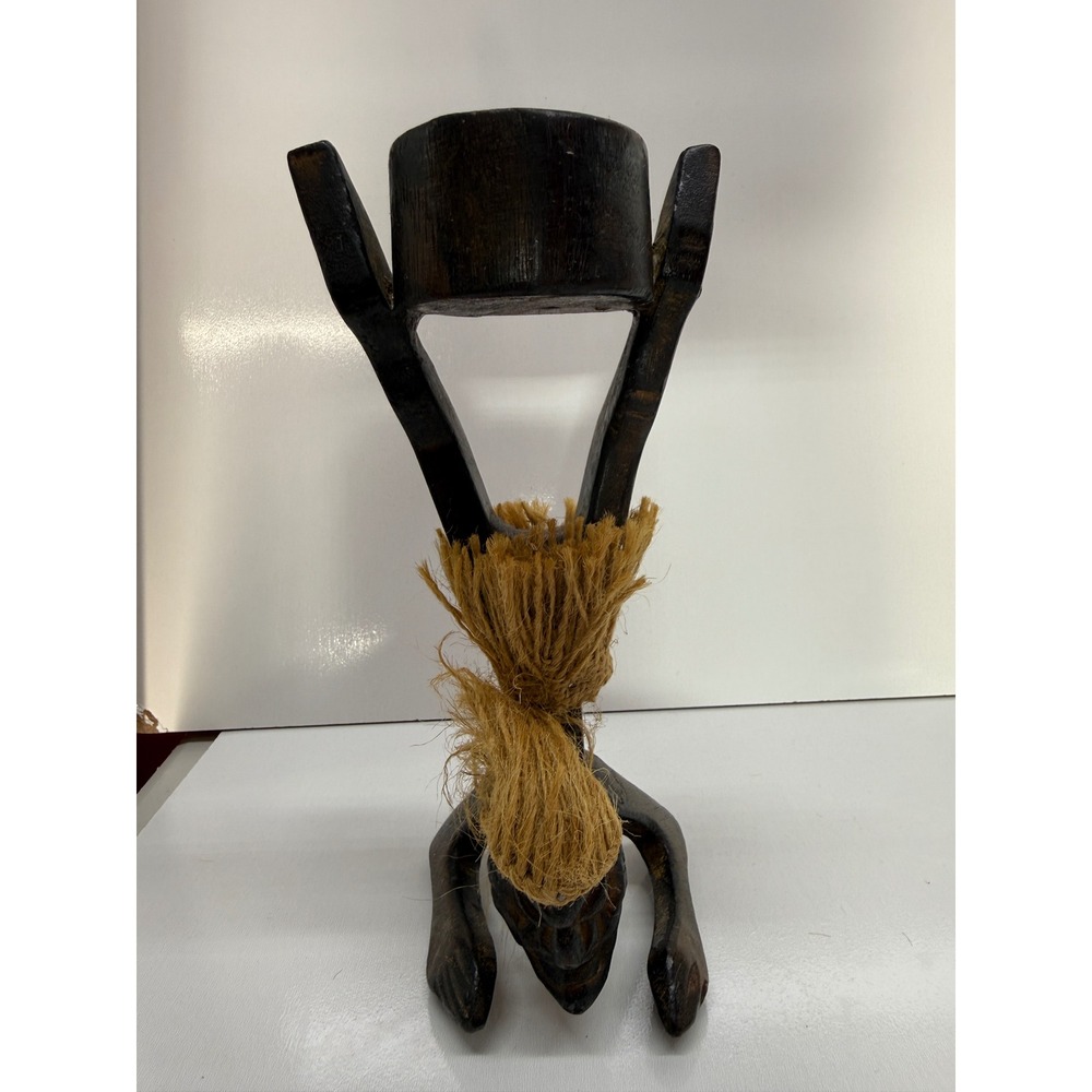 Vintage Hand Carved Tribal Wood Candle Holder Figural Sculpture Raffia Accent